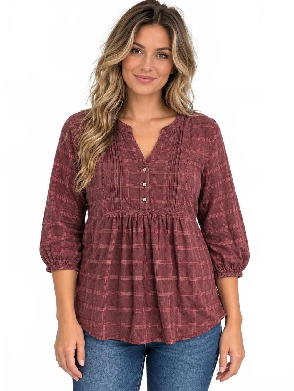 Wrangler Women’s Large Plaid Peasant Blouse Burgundy 3/4 Sleeve Boho Top